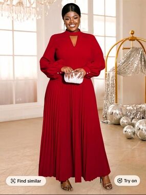 Women’s PlusRed Cut Out Neck Long Lantern Sleeve Pleated Hem Maxi Dress Sz 1XL